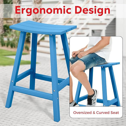 Costaelm All-Weather Bar Stools Set of 3, 24" Height Outdoor Bar Stools, Adirondack Poly Patio Bar Stool for Patio, Deck, Kitchen Counter and Garden, Pacific Blue