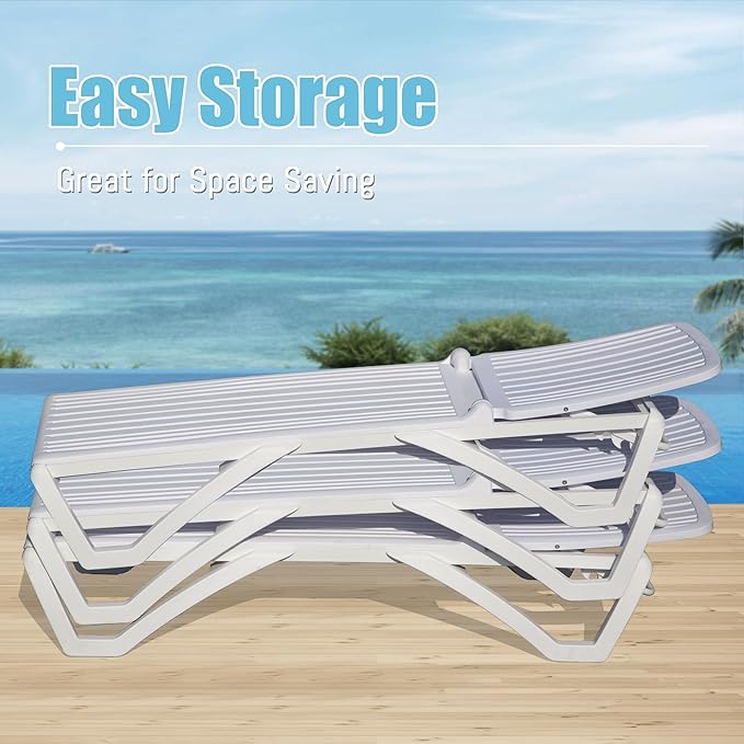 Domi Patio Outdoor Chaise Lounge Chair, All-Weather Plastic Adjustable Reclining Lounger, Stackable Tanning Lounge Chair w/Wheels and Side Table, for Beach Garden Lawn Pool(1 White Chair W/Table)