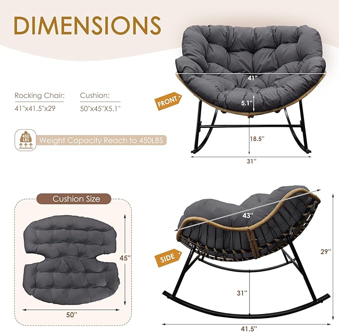 NICESOUL Outdoor Rocking Papasan Chair Set of 2 with Cushions, Comfy Oversized Padded Rockers - Photo 2