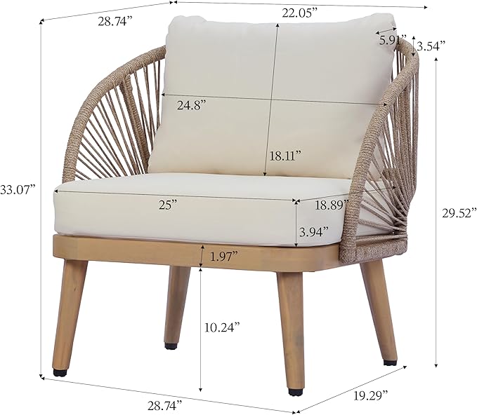 Merax Acacia Wood Outdoor Club Chair - Curved Tub Design Patio Lounge Chair with Handwoven Rope Accents & - Photo 2
