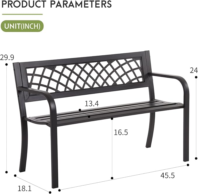 Garden Bench,Metal Outdoor Bench Park Bench with Plastic Mesh Backrest Armrests Sturdy Steel Frame for Patio Yard Porch Entryway Black