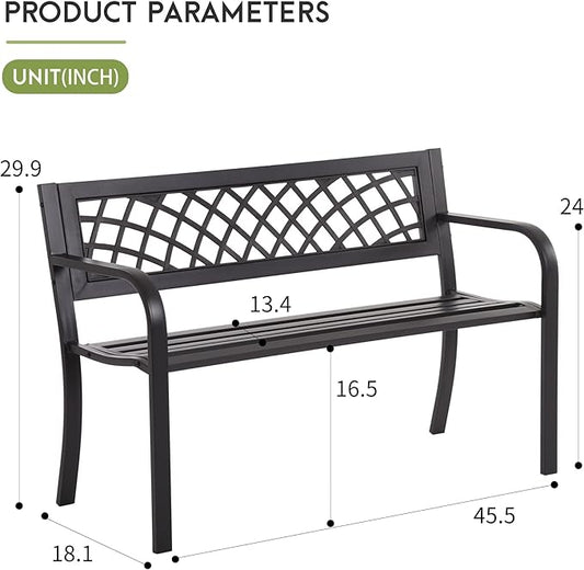 Garden Bench,Metal Outdoor Bench Park Bench with Plastic Mesh Backrest Armrests Sturdy Steel Frame for Patio Yard Porch Entryway Black