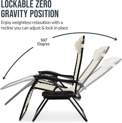Best Choice Products Set of 2 Extra Wide Adjustable Steel Mesh Zero Gravity Lounge Chair Recliners w/Pillows and Cup Holder Trays - Ivory