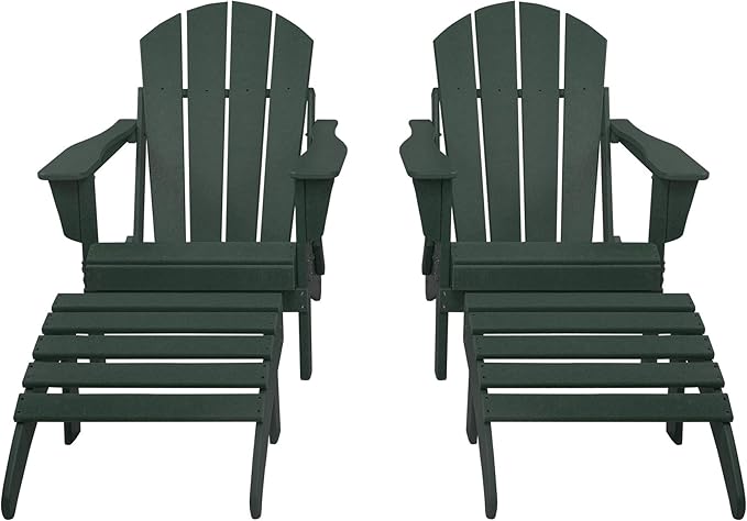 WestinTrends Malibu Outdoor Lounge Chair Set, 4-Pieces Adirondack Chair Set of 2 with Ottoman, All Weather Poly Lumber Patio Lawn Folding Chair for Outside Pool Beach, Dark Green