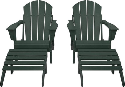 WestinTrends Malibu Outdoor Lounge Chair Set, 4-Pieces Adirondack Chair Set of 2 with Ottoman, All Weather Poly Lumber Patio Lawn Folding Chair for Outside Pool Beach, Dark Green