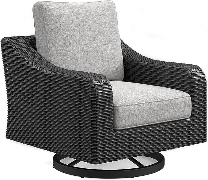 Signature Design by Ashley Beachcroft Casual Outdoor Weather Resistant Rust Free Swivel Lounge Chair with Removable Cushion, Light Gray & Black