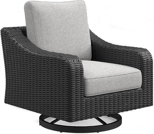 Signature Design by Ashley Beachcroft Casual Outdoor Weather Resistant Rust Free Swivel Lounge Chair with Removable Cushion, Light Gray & Black