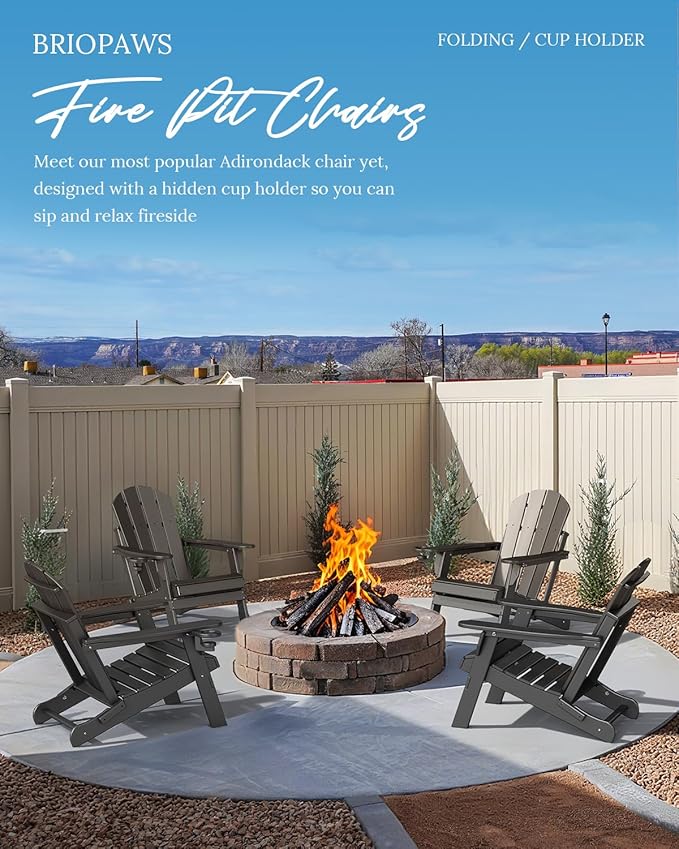 BRIOPAWS Folding-Adirondack-Chairs Set of 2 | HDPE | Fire Pit Chair | Cup Holder | Weather Resistance | Black | for Outdoor Backyard Deck Patio