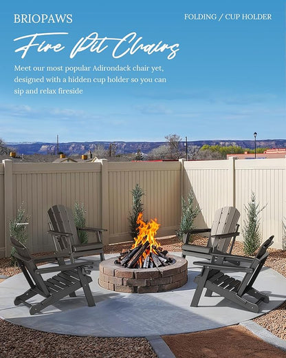 BRIOPAWS Folding-Adirondack-Chairs Set of 6 | HDPE | Fire Pit Chair | Cup Holder | Weather Resistance | Black | for Outdoor Backyard Deck Patio