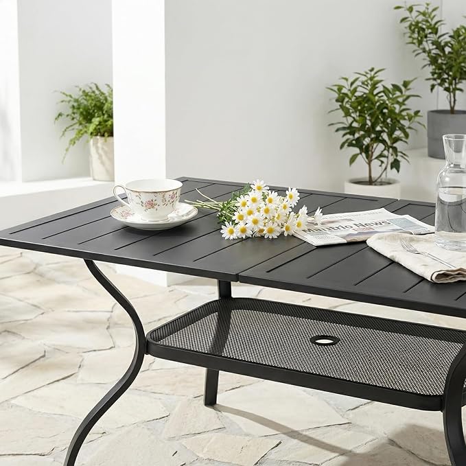 VINGLI 59" Rectangle Patio Table for 6, Metal Outdoor Dining Table with Umbrella Hole - Photo 4