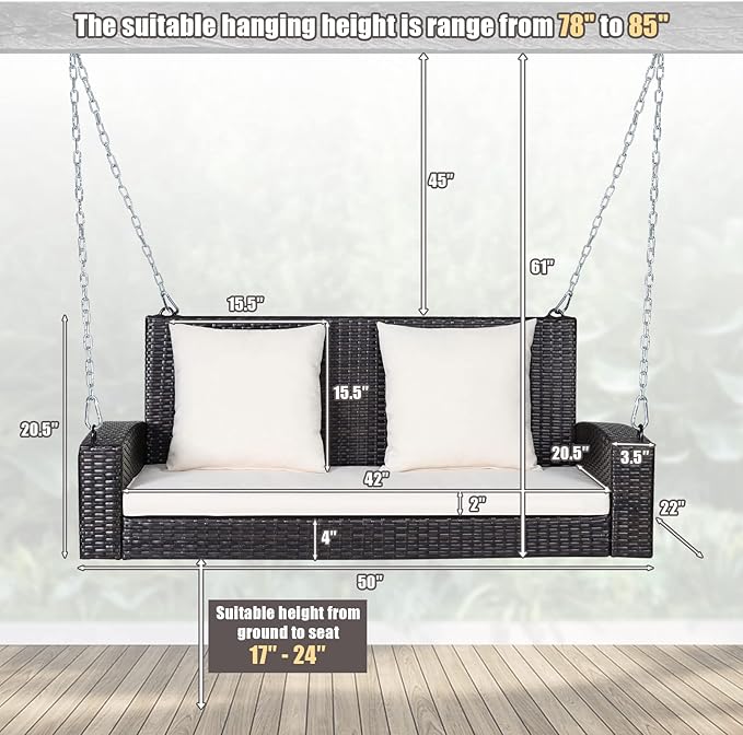 Tangkula 2-Person Wicker Porch Swing, Patiojoy Outdoor Rattan Hanging Swing Bench W/ 2 Back Cushions & 1 Seat Cushion - Photo 5