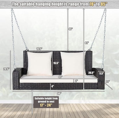 Tangkula 2-Person Wicker Porch Swing, Patiojoy Outdoor Rattan Hanging Swing Bench W/ 2 Back Cushions & 1 Seat Cushion, Sturdy Steel Chain, 800lbs Weight Capacity