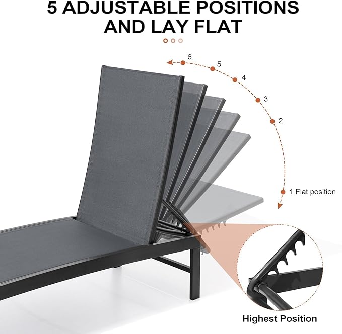 Crestlive Products Chaise Lounge Chair Outdoor Set of 2, Adjustable 5 Positions Pool Lounge Chairs, Metal Tanning Recliner, Outdoor Furniture All Weather for Patio, Beach, Yard, Pool