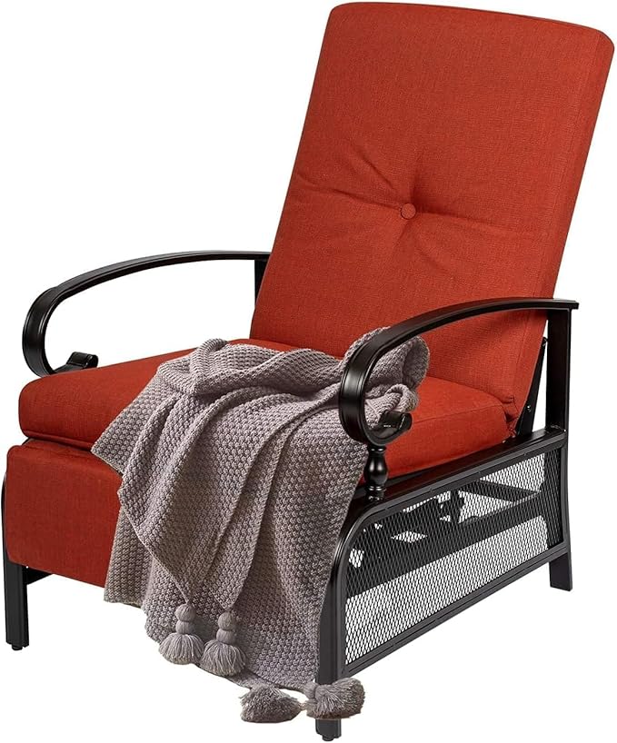 SUNCROWN Outdoor Recliner Chair Patio Adjustable Relaxing Chairs Outdoor Metal Furniture Chair with Thick Cushion, Red - Photo 1