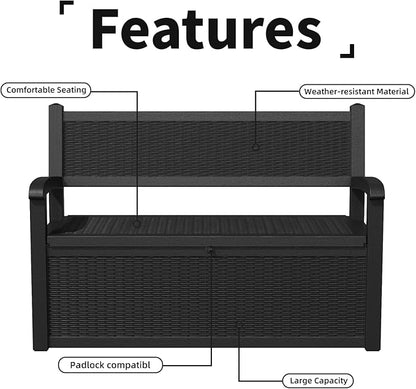 Vixzen 80 Gallon Outdoor Storage Bench Deck Box, Lockable All-Weather Resin Seating with Hidden Storage, Waterproof Patio Furniture for Garden, Pool, Black
