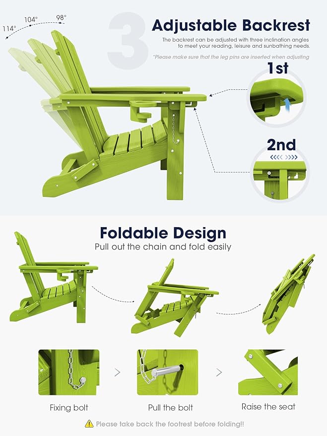 KINGYES Folding Adjustable Adirondack Chair with Ottoman & 2 Cup Holders Set of 2, HDPE Adirondack Recliner Chair with Footrest, Apple