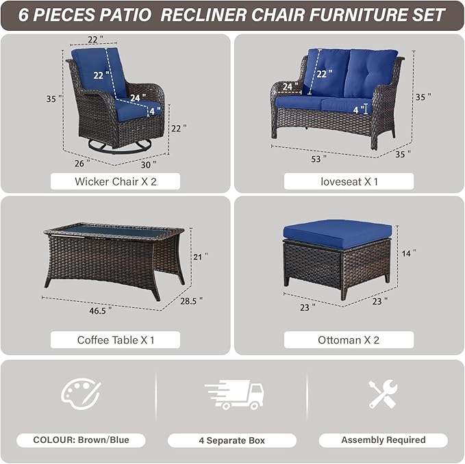 Belord 6 Piece Wicker Patio Furniture Set, Outdoor Swivel Rocker Chairs Set of 2 with Ottomans and Loveseat - Photo 2