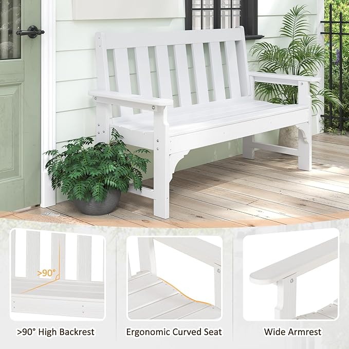 nalone Outdoor Bench, HDPE All Weather Patio Bench Load up to 800 Lbs, 2-Person Garden Bench Rot-Proof Fade Proof for Patio, Porch, and Park (White)
