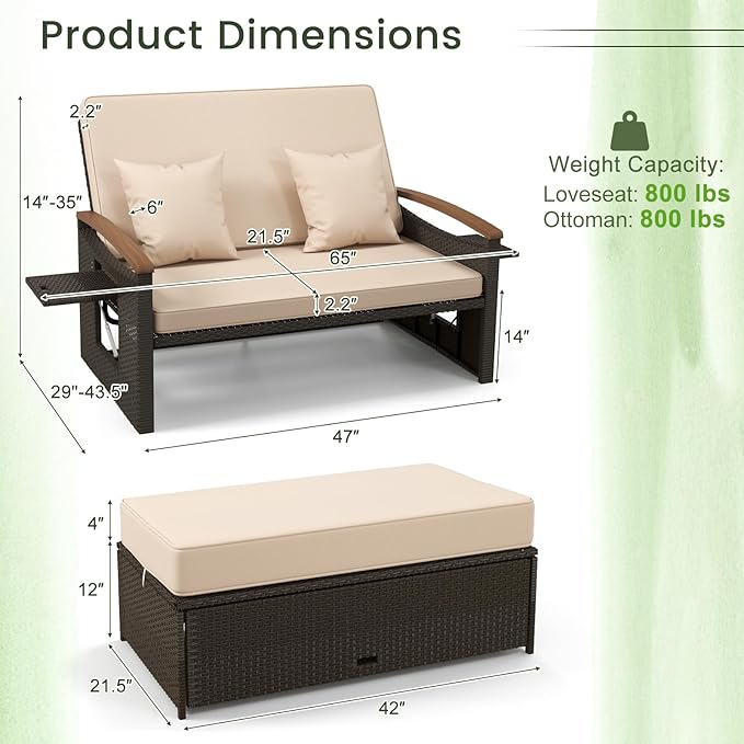 Tangkula Patio Rattan Daybed with 4-Level Adjustable Backrest, Outdoor Wicker Loveseat with Acacia Wood Armrest - Photo 4