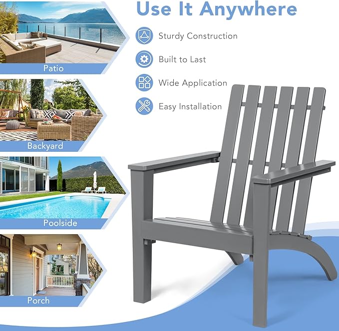 Giantex Adirondack Chair Acacia Wood Outdoor Chairs, 350 lbs Weight Capacity, Weather Resistant Campfire Chairs for Lawn Seating, Garden, Poolside, Balcony, Patio Adirondack Lounger, Gray