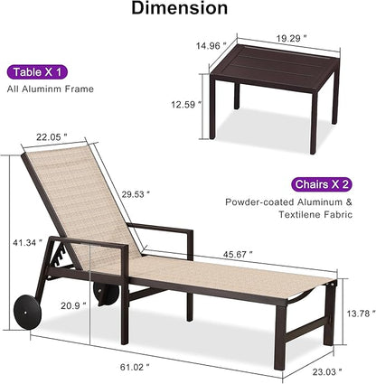 PURPLE LEAF Outdoor Chaise Lounge Chair Set of 2 with Armrests, Aluminum Patio Loungers with Wheels and Adjustable Backrest, Includes Side Table for Deck, Outside, Lawn, Garden, Light Tan