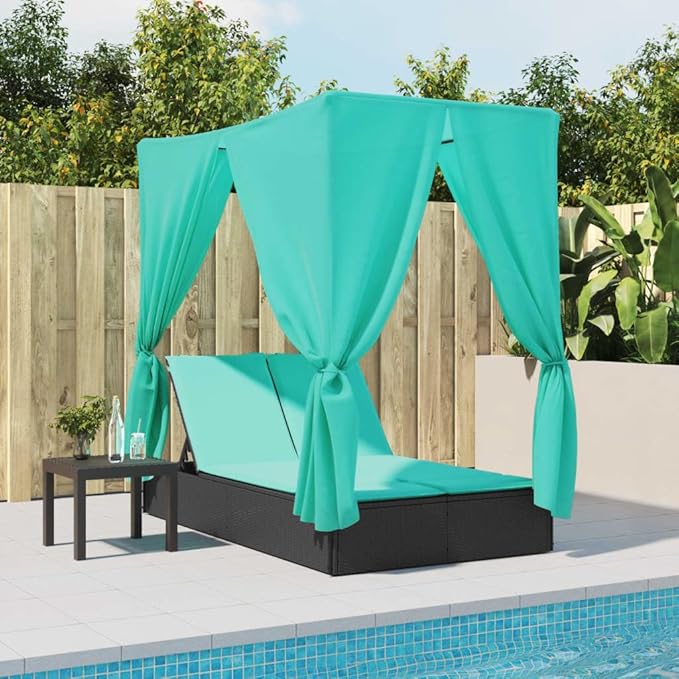 78.7"x44.9" Double Chaise Lounge Outdoor with Roof Turquoise Cushions Black PE Rattan Patio Furniture Adjustable - Photo 4