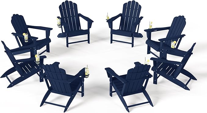 Costaelm Lakeview Outdoor Patio HDPE Adirondack Chairs with Cup Holders (Set of 8), Navy Blue