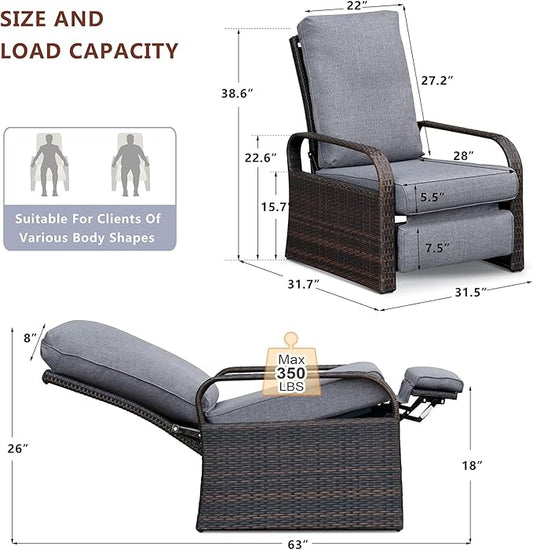 ATR ART TO REAL Outdoor Wicker Recliner Chair with 5.5'' Cushions, Automatic Adjustable Patio Chaise Lounge Chairs, Aluminum Frame Reclining Chair, UV Resistant, Rustless (Linen Gray)