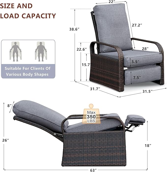 ATR ART TO REAL Outdoor Recliner, Set of 2 Wicker Reclining Chair with Coffee End Side Table - Photo 2