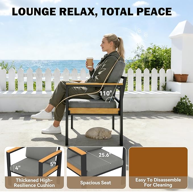 HOMREST Aluminum Patio Furniture Set, Heavy Duty Metal Outdoor Bench for 3 Person, 3-Seat All-Weather Metal Outdoor Patio Furniture with Cushions, (Dark Grey) | Metal Frame, Extra Large, Detachable Cushions