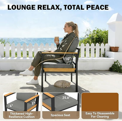 HOMREST Aluminum Patio Furniture Set, Heavy Duty Metal Outdoor Bench for 3 Person, 3-Seat All-Weather Metal Outdoor Patio Furniture with Cushions, (Dark Grey) | Metal Frame, Extra Large, Detachable Cushions