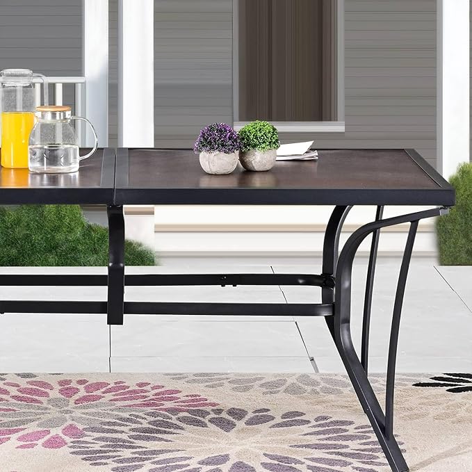 Outdoor Dining Table 63" Rectangular Metal Patio Dining Table for 6 with Wood Grain Tabletop Galvanized Steel Frame