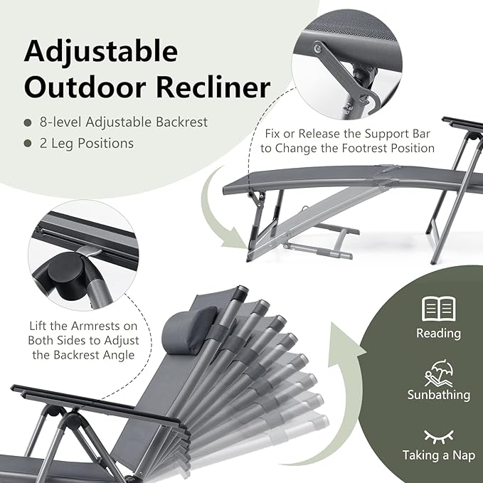 COSTWAY Folding Aluminum Lounge Chair, Outdoor Pool Lounger with 8-Position Adjustable Backrest & Ergonomic Headrest, Patio Lounge Recliner with Breathable Fabric