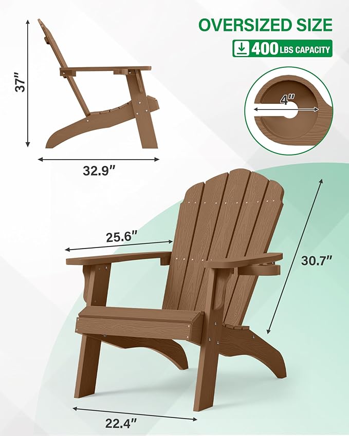 YEFU Oversized Plastic Adirondack Chair with Cup-Holder (Large Dual-Purpose), Weather Resistant, Poly Lumber Outdoor Chairs Duty Rating Widely Used in Patio, Lawn, Outside, Deck, Garden Chairs-Teak
