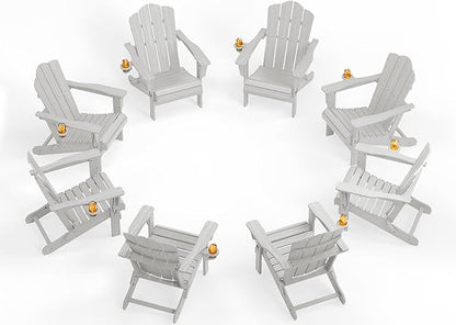 KINGYES Folding Adirondack Chair Set of 8, HDPE All-Weather Patio Chairs with Cup Holder, Wooden Textured Fire Pit Chairs for Poolside, Backyard, Deck, Silver Grey