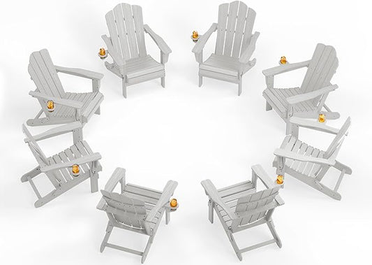 KINGYES Folding Adirondack Chair Set of 8, HDPE All-Weather Patio Chairs with Cup Holder, Wooden Textured Fire Pit Chairs for Poolside, Backyard, Deck, Silver Grey