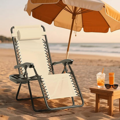 Zero Gravity Chair, Portable Outdoor Chair, Reclining Patio Lounge Chair with Adjustable Pillow and Cup Holder Trays for Outdoor, Patio, Beach, Camping, Garden, Poolside, Beige