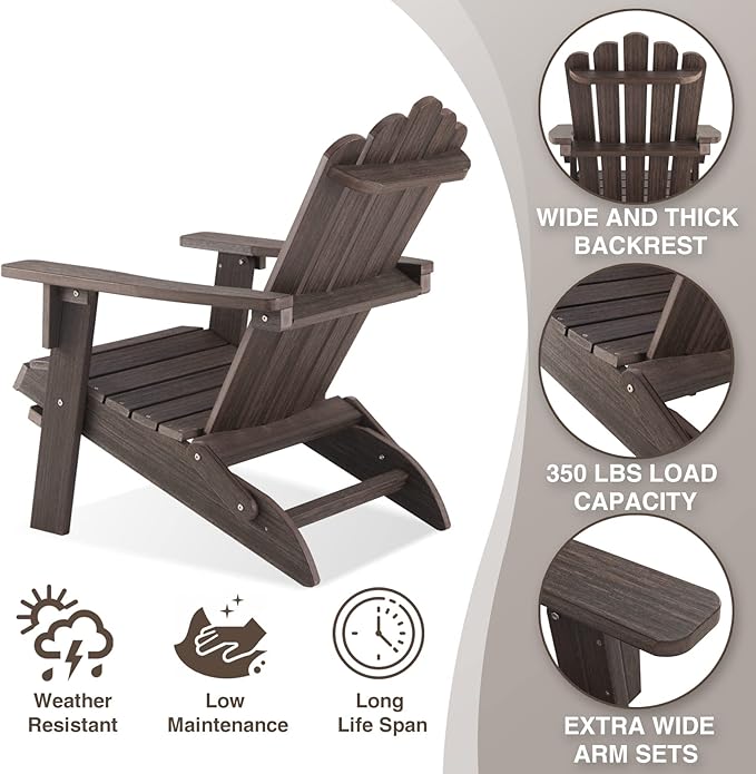 Folding Adirondack Chair, HDPE Adirondack Chairs, All-Weather Resistant Lawn Chairs,Patio Firepit Chairs for Garden
