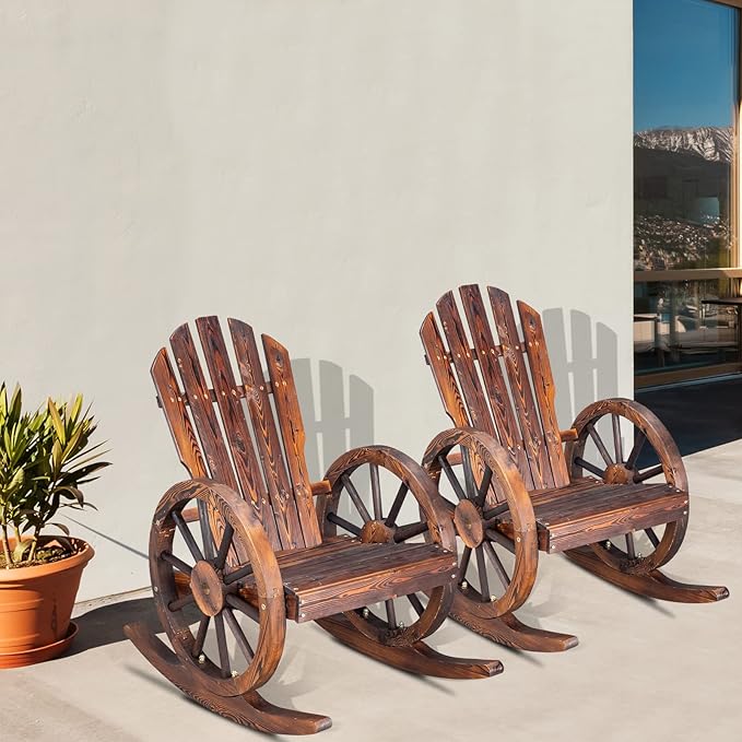 Outvita Adirondack Rocking Chair Set of 2, Wood Wagon Rocker, Outdoor Wooden Carbonized Lounge Chairs with Wheel Armrest for Garden Patio Country Yard Porch, Fir
