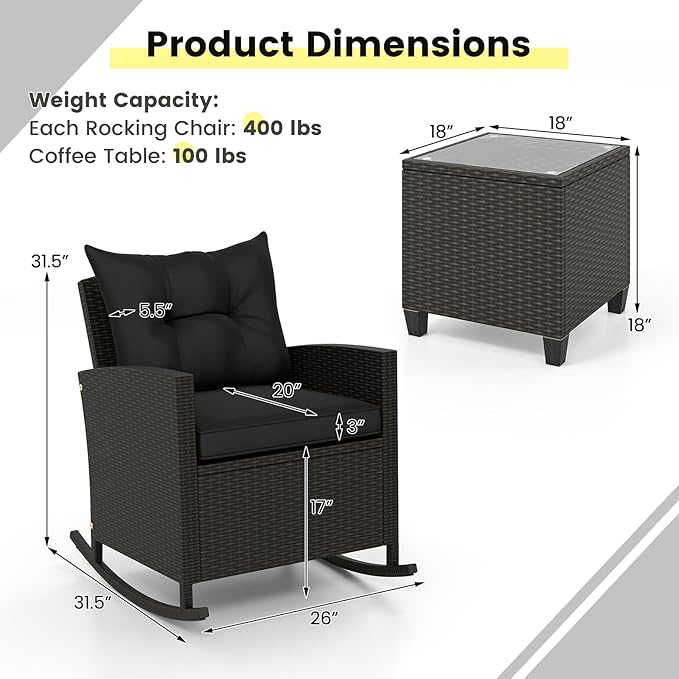 Tangkula 3 Piece Wicker Rocking Set, Patio Rattan Roker Chairs with Tempered Glass Table & Soft Cushions, Outdoor Furniture Set for Backyard, Poolside Porch (Black)