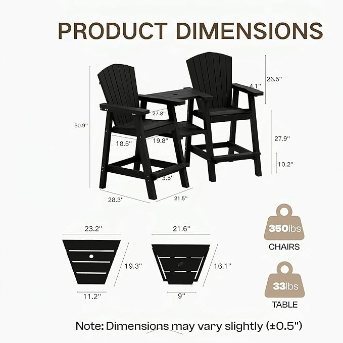 Kingdura Tall Adirondack Chairs Set of 2 with Removable Connecting Tray & 2" Umbrella Hole, Weather-Resistant HDPE Bar Height Outdoor Chairs, Wood-Look Balcony Bar Stools for Patio, Deck (Black)