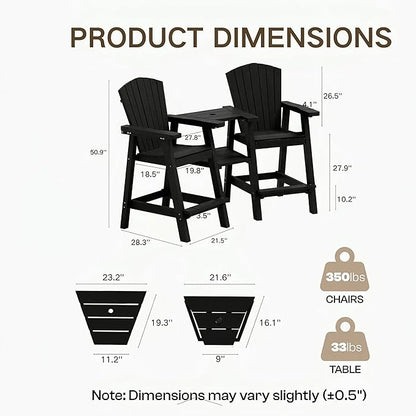 Kingdura Tall Adirondack Chairs Set of 2 with Removable Connecting Tray & 2" Umbrella Hole, Weather-Resistant HDPE Bar Height Outdoor Chairs, Wood-Look Balcony Bar Stools for Patio, Deck (Black)