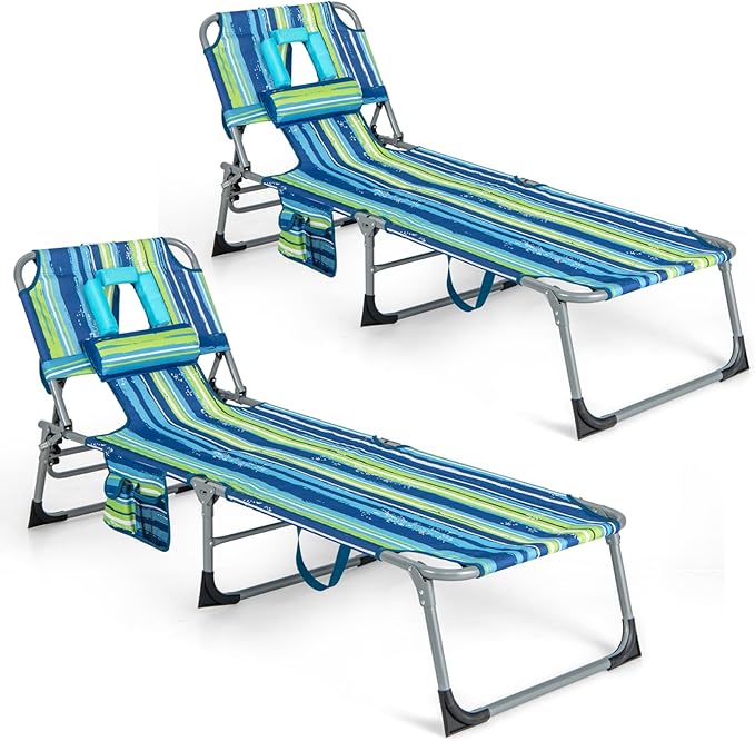 Goplus Tanning Chair, Folding Adjustable Patio Lounge Chair with Face Hole, Removable Pillow, 330LBS, Carry Strap, Outdoor Sunbathing Chair, Lightweight Portable Beach Lounge Chair, No Assembly