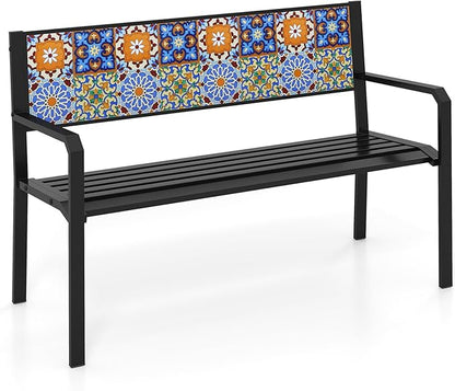 Tangkula 50" Metal Patio Park Bench, Modern Outdoor Classic Slatted Loveseat for 2-3 People with Curved Seat & Mosaic Backrest, Heavy-Duty Outdoor Seating for Backyard, Poolside, Porch