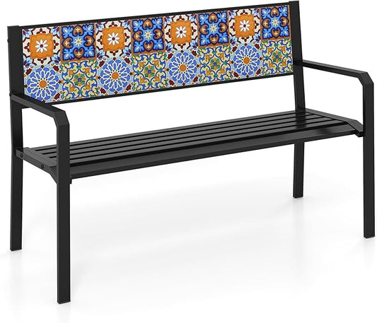 Tangkula 50" Metal Patio Park Bench, Modern Outdoor Classic Slatted Loveseat for 2-3 People with Curved Seat & Mosaic Backrest, Heavy-Duty Outdoor Seating for Backyard, Poolside, Porch