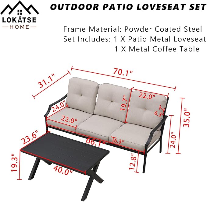 LOKATSE HOME Outdoor Patio Cushioned Loveseat 3 Seats Sofa Bench with Metal Coffee Table, Beige