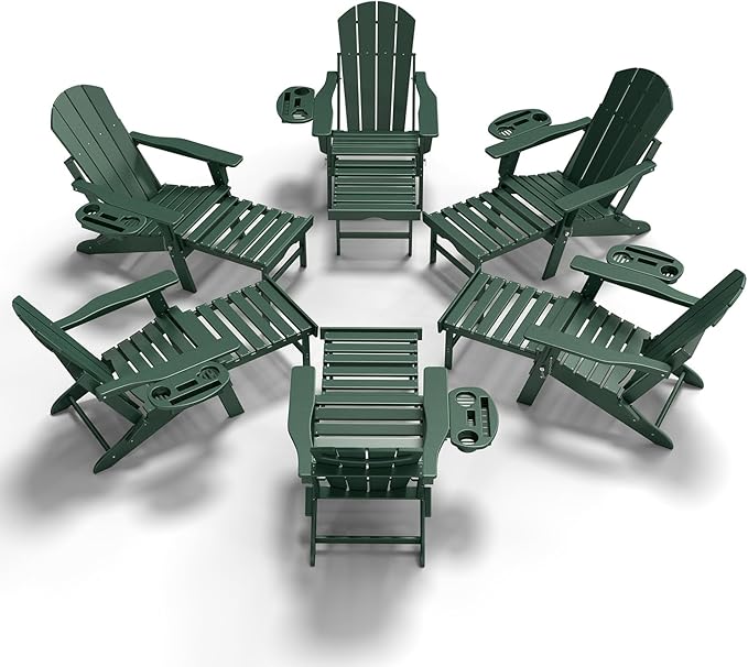 Adjustable Adirondack Chair with Retractable Ottoman Set of 6, HDPE Folding Adirondack Chair with Cup Holder, All Weather Fire Pit Chair for Outdoor.