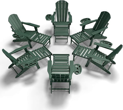 Adjustable Adirondack Chair with Retractable Ottoman Set of 6, HDPE Folding Adirondack Chair with Cup Holder, All Weather Fire Pit Chair for Outdoor.
