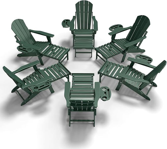 Adjustable Adirondack Chair with Retractable Ottoman Set of 6, HDPE Folding Adirondack Chair with Cup Holder, All Weather Fire Pit Chair for Outdoor.