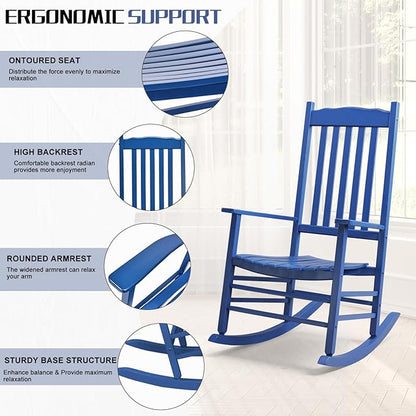 Outvita Outdoor Rocking Chair, Solid Wood High Back Rocker, All Weather Lounge Chair for Porch Patio Fire Pit Garden Backyard Deck Indoor, Wave Shape, Blue